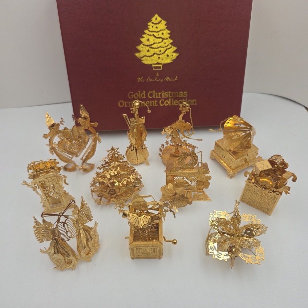 1997 Danbury Mint 23KT Gold Plated Christmas Ornament Collection Set 11 Box 3D